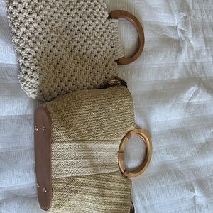 Elegant Tan Woven Handbag with Wooden Handles both bags